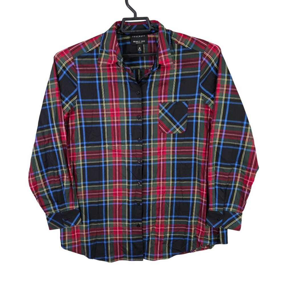 Womens Foxcroft Multicolor Plaid Shirt Button-Up Wrinkle Free Shaped Fit Size 16